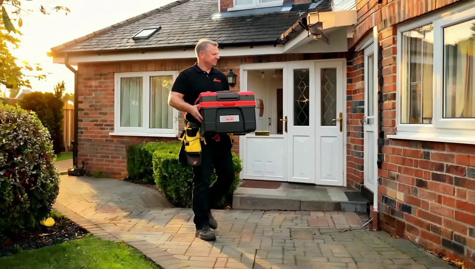 Jay's Handyman Services technician arriving at a Humble, Texas home with a red and black tool packout